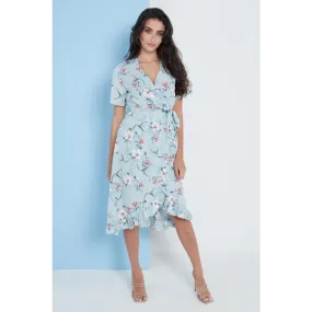 Floral Frill Midi Wrap Dress In Blue