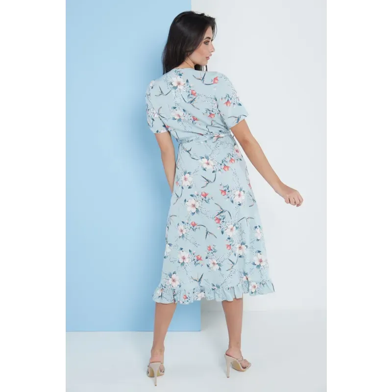 Floral Frill Midi Wrap Dress In Blue
