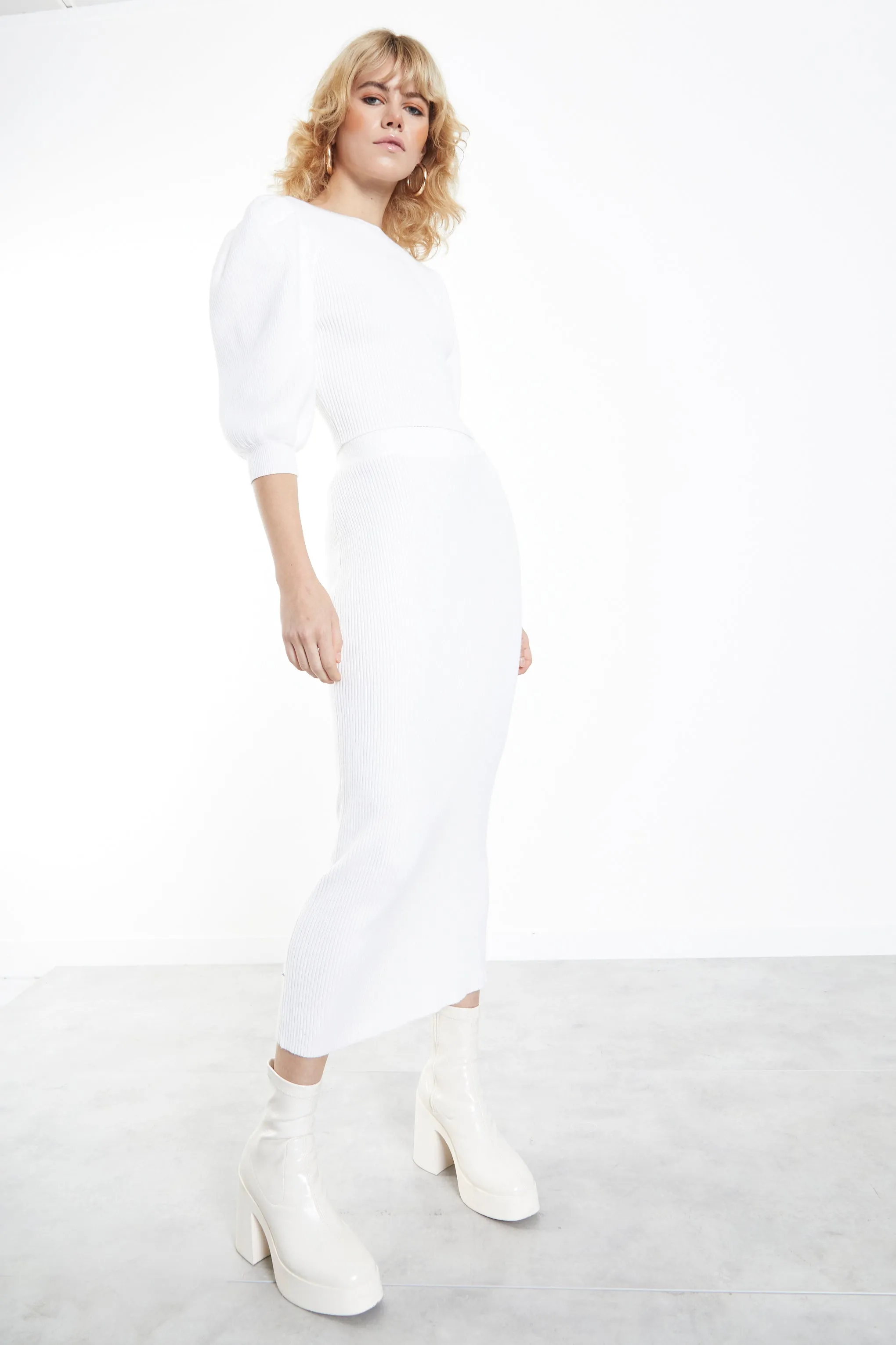 Glamorous Off White Knitted Midi Skirt