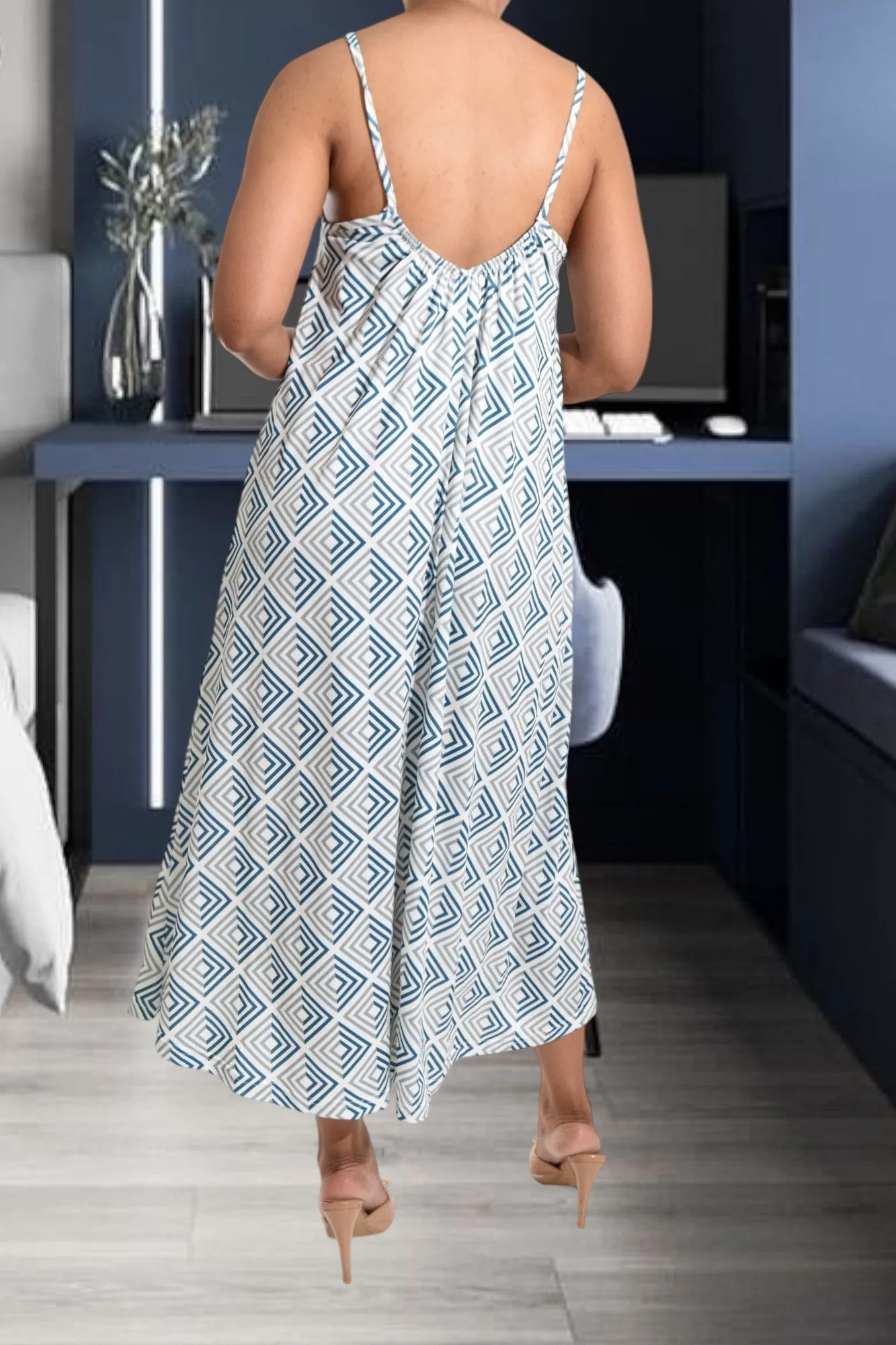 Grey Square Printed Strappy Maxi Dress