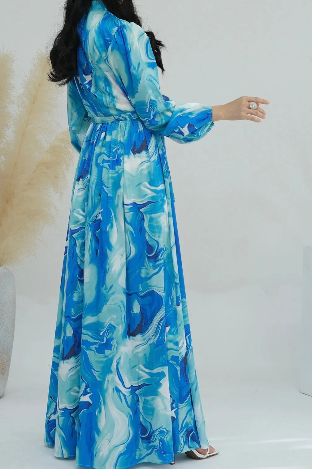 Halima Tie-Dye Lantern Sleeve  Maxi Dress Abaya with High Collar and Belt 723