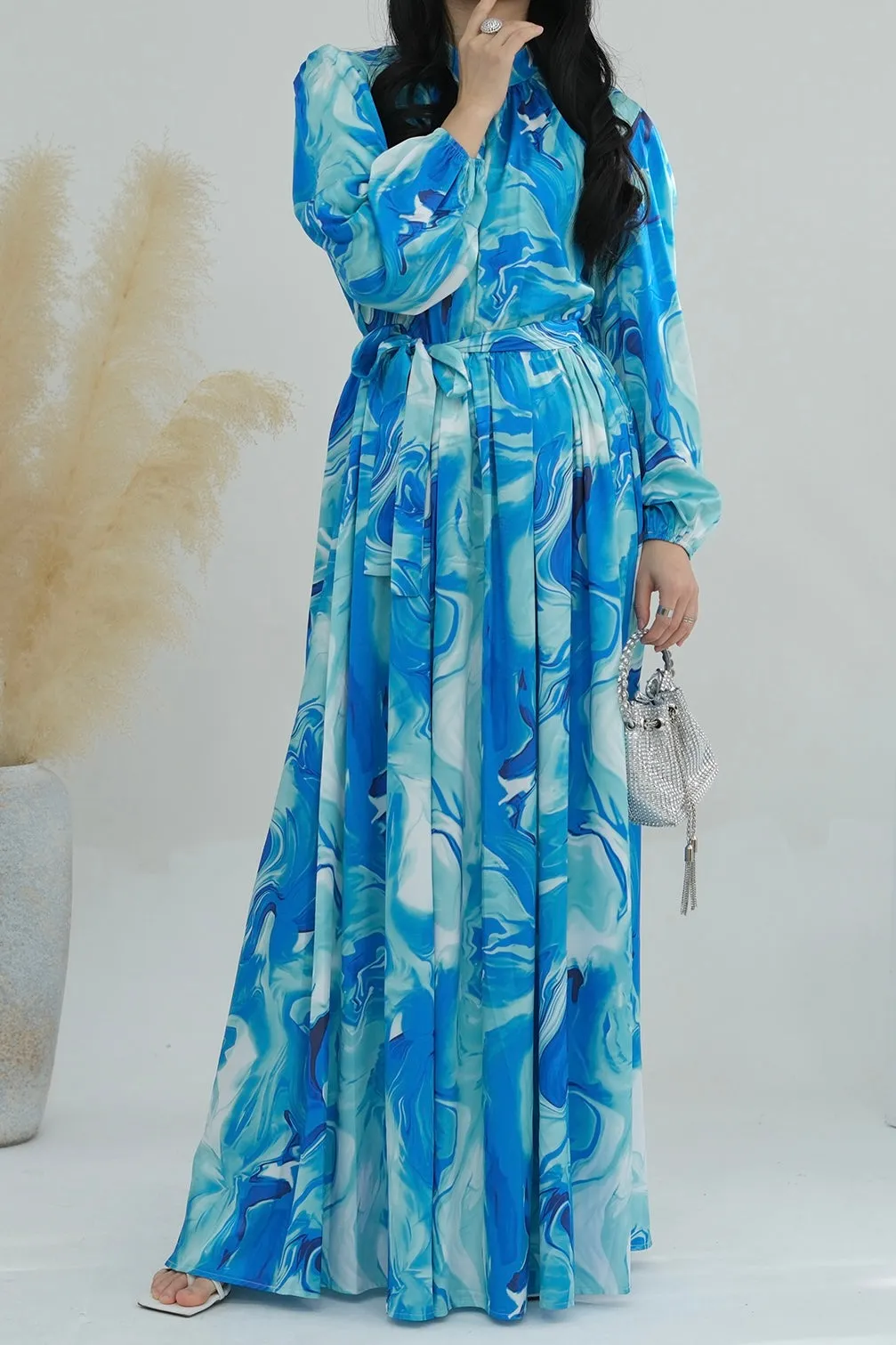 Halima Tie-Dye Lantern Sleeve  Maxi Dress Abaya with High Collar and Belt 723