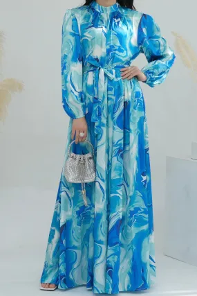 Halima Tie-Dye Lantern Sleeve  Maxi Dress Abaya with High Collar and Belt 723