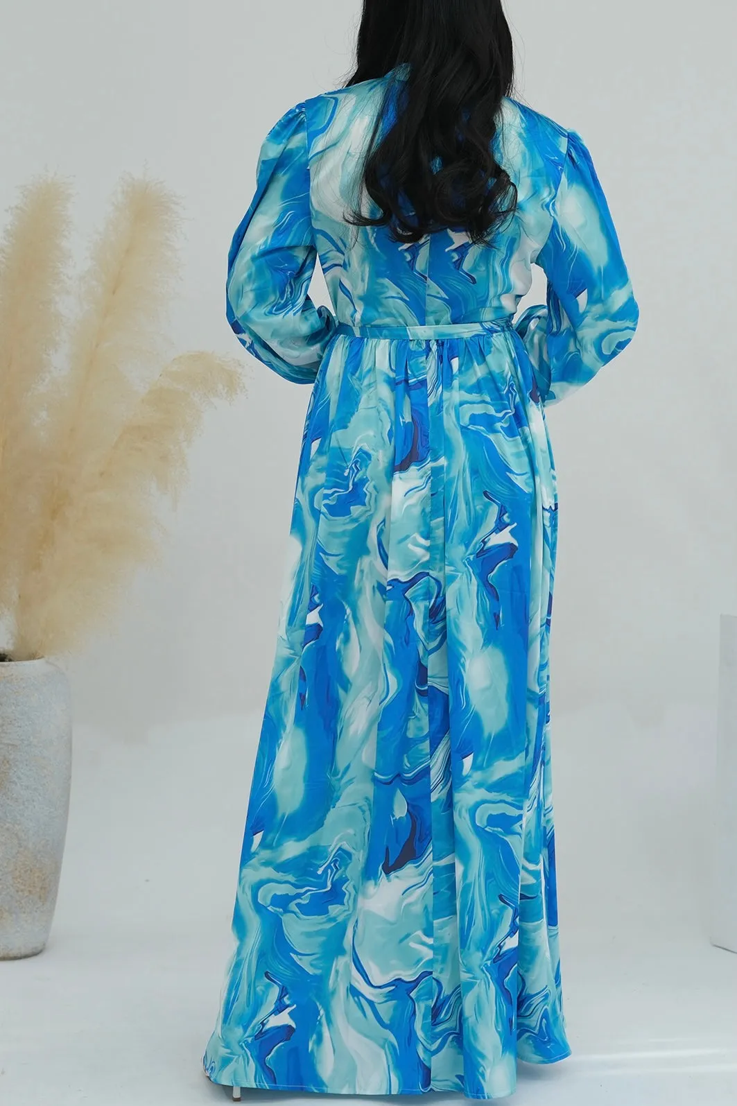 Halima Tie-Dye Lantern Sleeve  Maxi Dress Abaya with High Collar and Belt 723