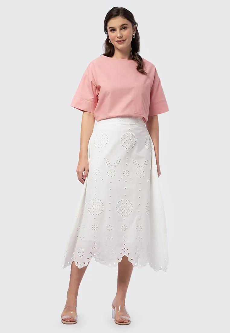 High Waist Eyelet Midi Skirt