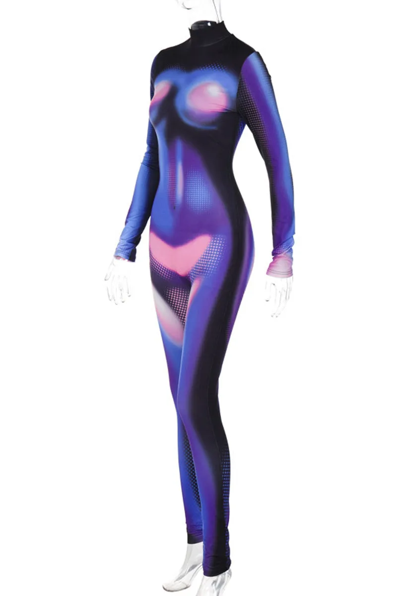 JE795 Graphic Slim Zippered Jumpsuit