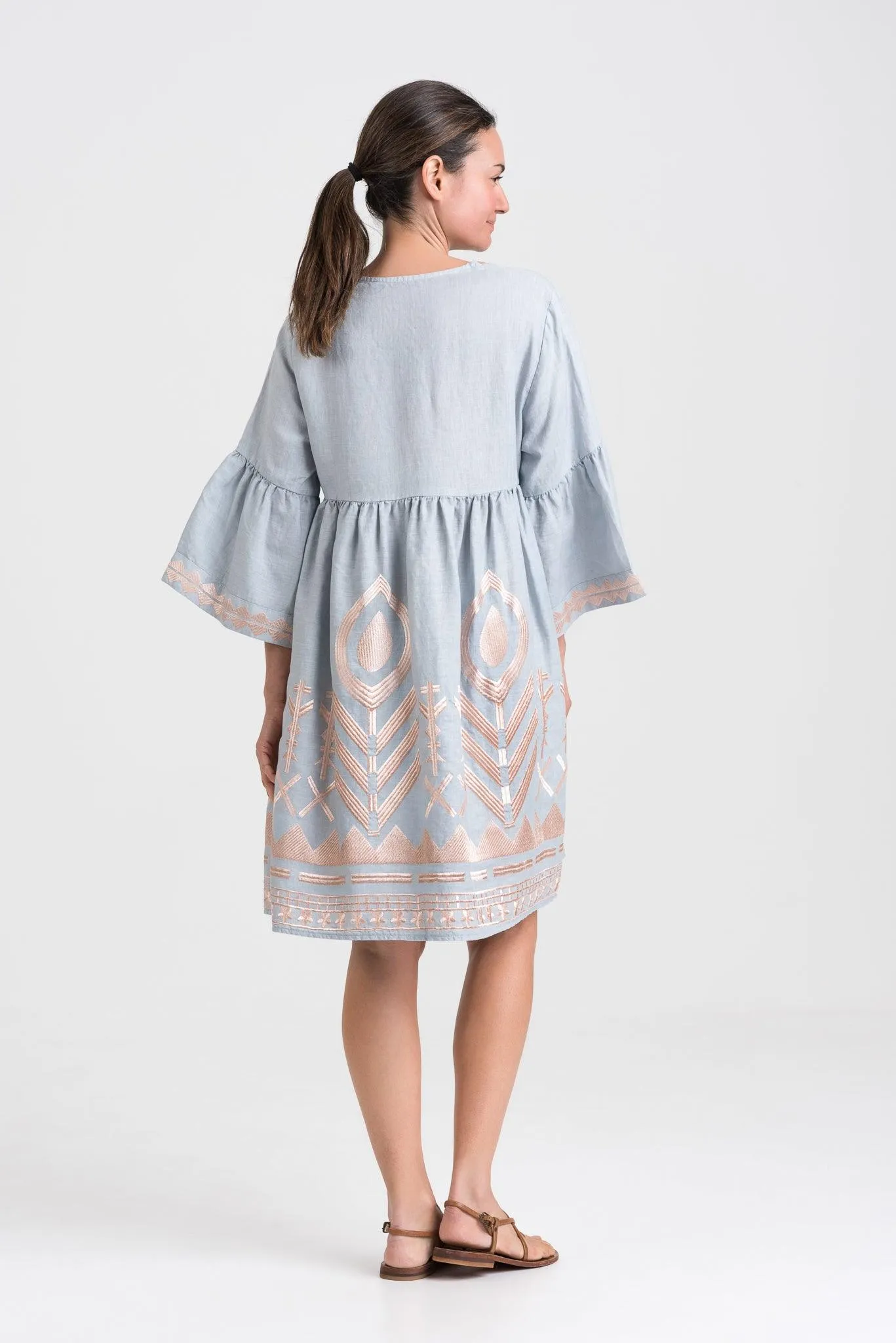 Kori Short Empire Linen Dress, Light Grey & Rose Gold
