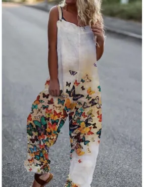 Ladies cotton and linen comfortable butterfly print jumpsuit