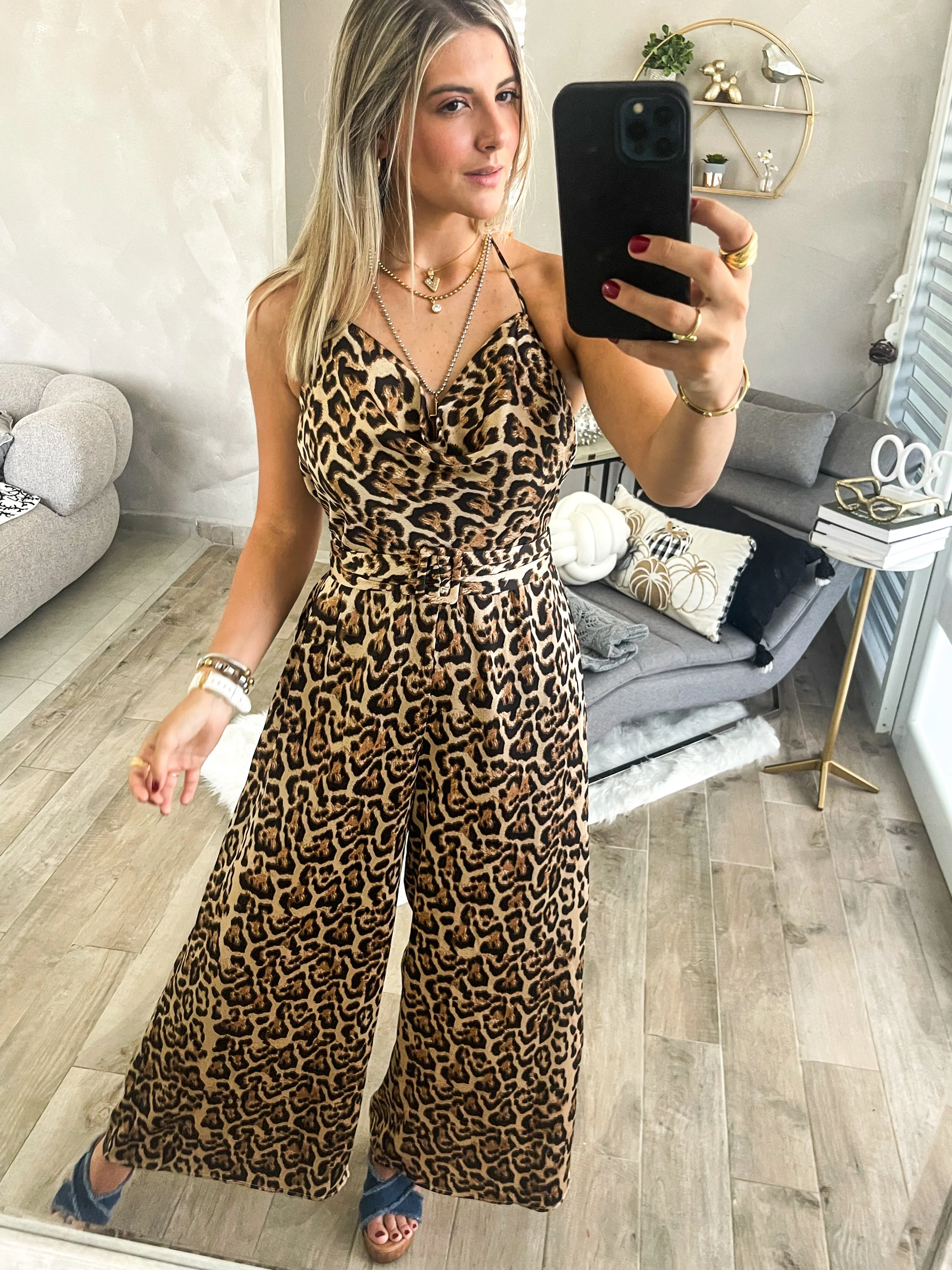 LEOPARD SATIN HALTER JUMPSUIT
