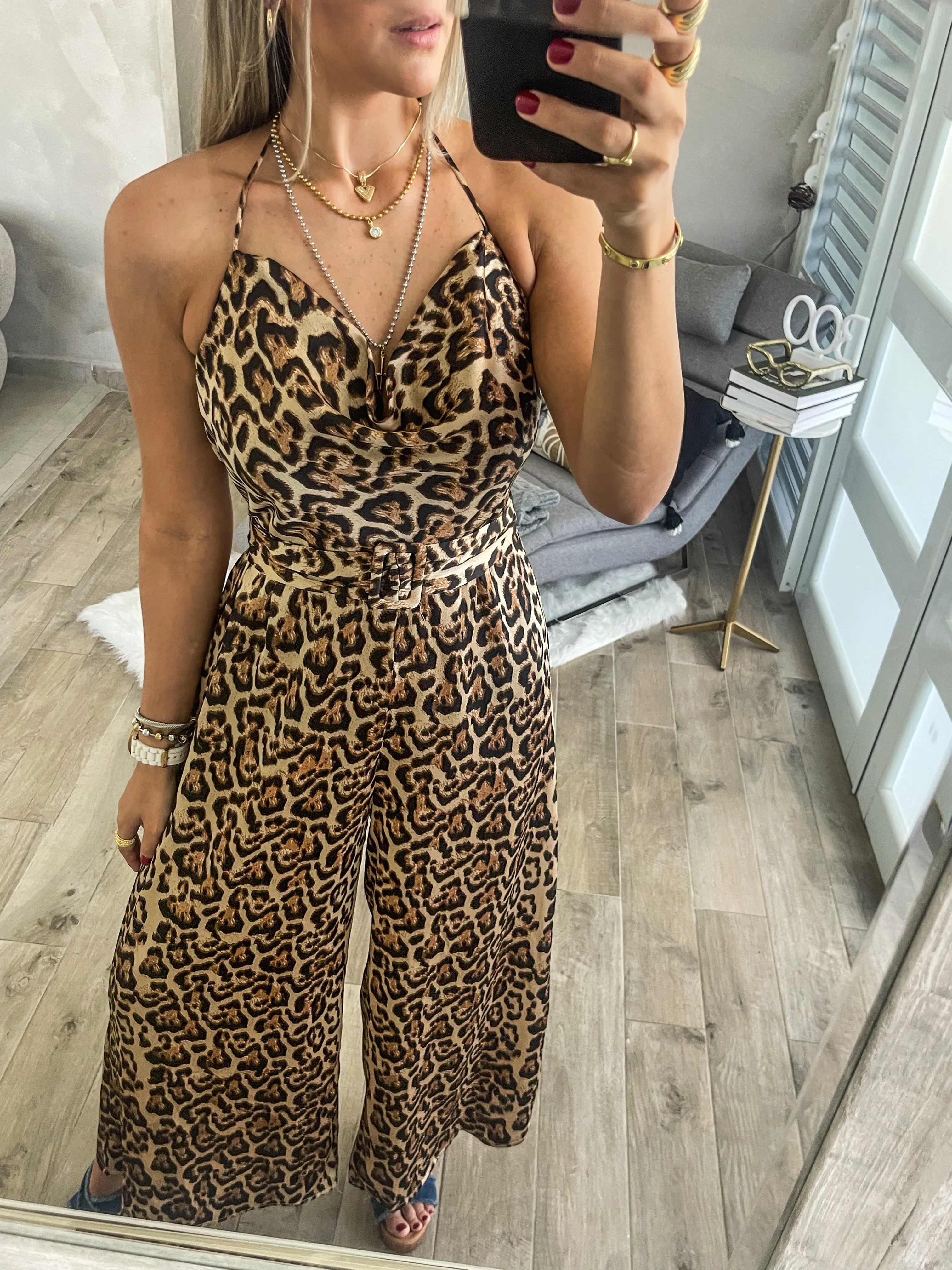 LEOPARD SATIN HALTER JUMPSUIT