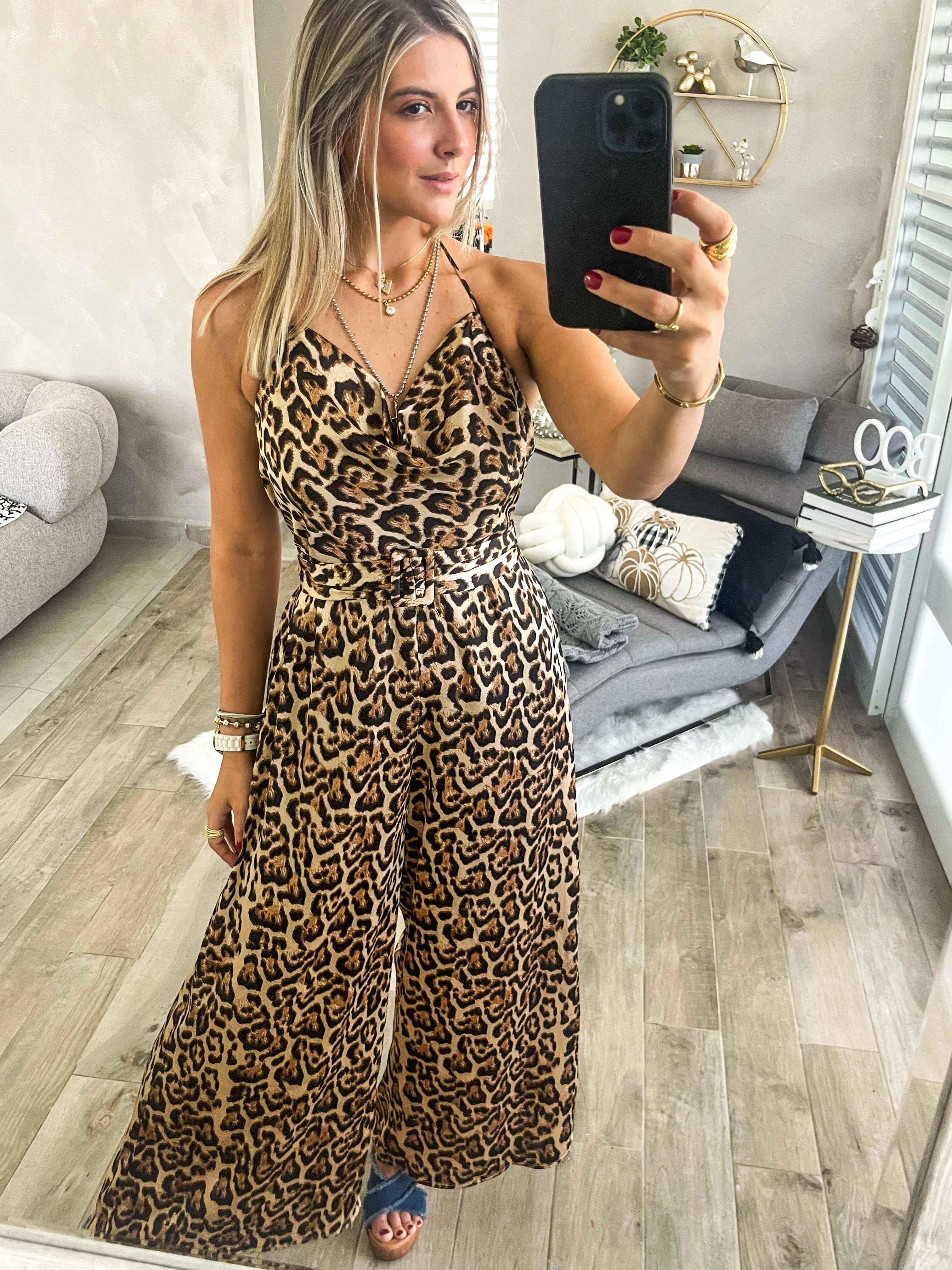 LEOPARD SATIN HALTER JUMPSUIT