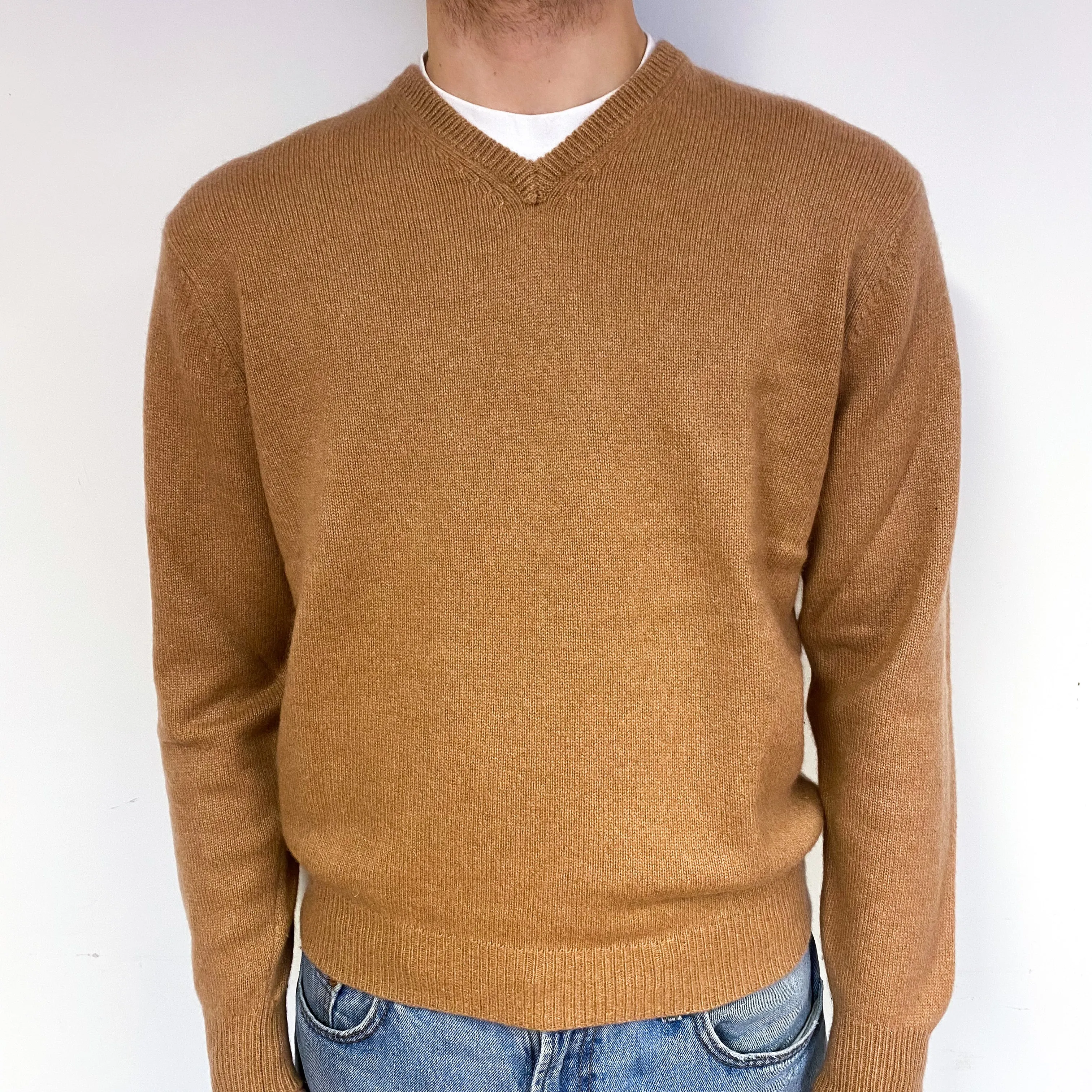 Men's Butterscotch Brown Cashmere V-Neck Jumper Large