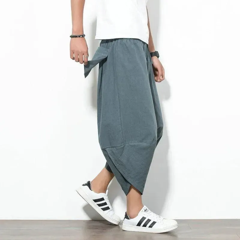 Men's Japanese Style Pants Harem Pants Mens Striped Baggy Cotton Wide Leg Hip Hop Capri Pants