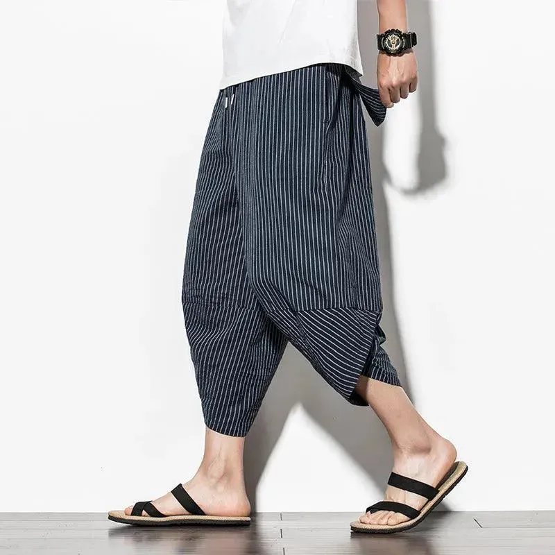 Men's Japanese Style Pants Harem Pants Mens Striped Baggy Cotton Wide Leg Hip Hop Capri Pants
