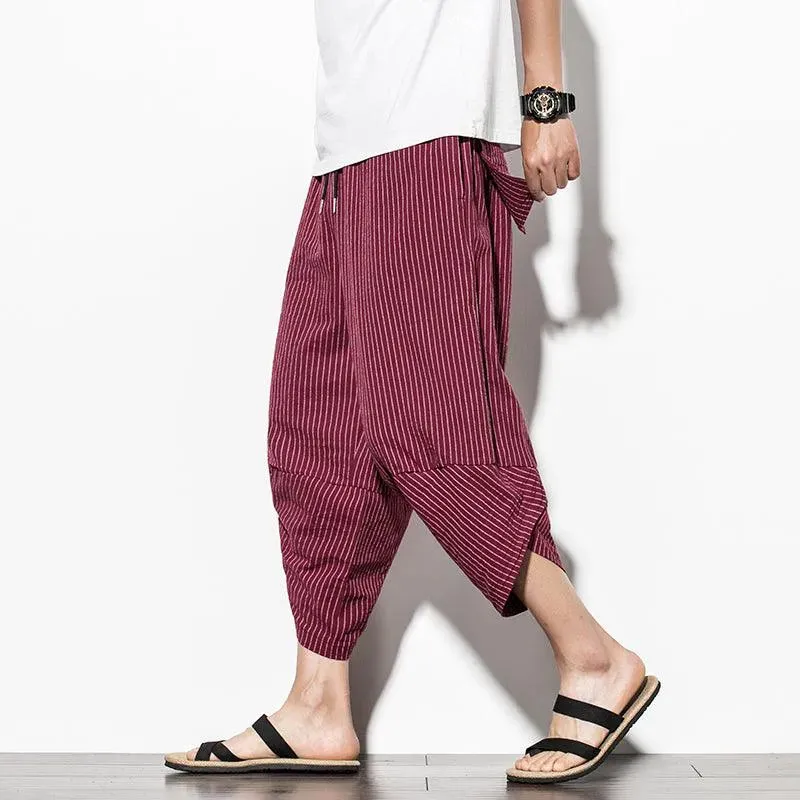 Men's Japanese Style Pants Harem Pants Mens Striped Baggy Cotton Wide Leg Hip Hop Capri Pants