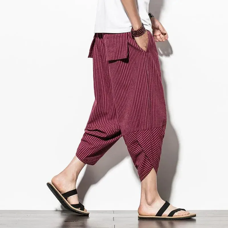 Men's Japanese Style Pants Harem Pants Mens Striped Baggy Cotton Wide Leg Hip Hop Capri Pants