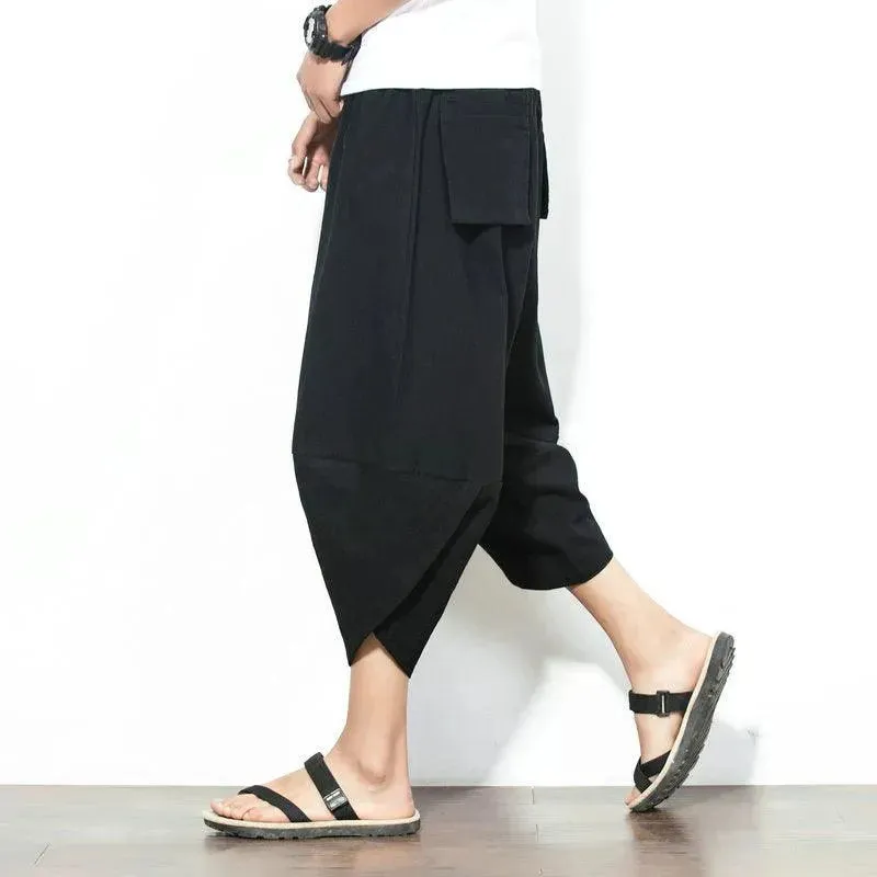 Men's Japanese Style Pants Harem Pants Mens Striped Baggy Cotton Wide Leg Hip Hop Capri Pants