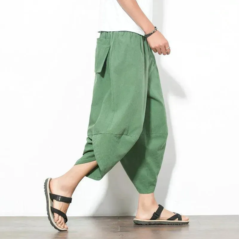 Men's Japanese Style Pants Harem Pants Mens Striped Baggy Cotton Wide Leg Hip Hop Capri Pants