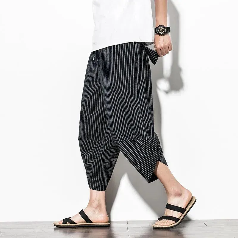 Men's Japanese Style Pants Harem Pants Mens Striped Baggy Cotton Wide Leg Hip Hop Capri Pants