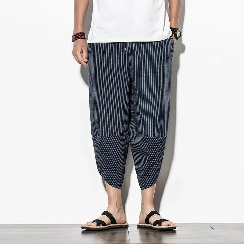 Men's Japanese Style Pants Harem Pants Mens Striped Baggy Cotton Wide Leg Hip Hop Capri Pants