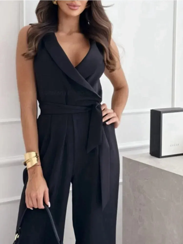 New Women's Fashion High Waist Commuter Jumpsuit V-neck Sleeveless Personalized Belt Solid Color Simple Pants