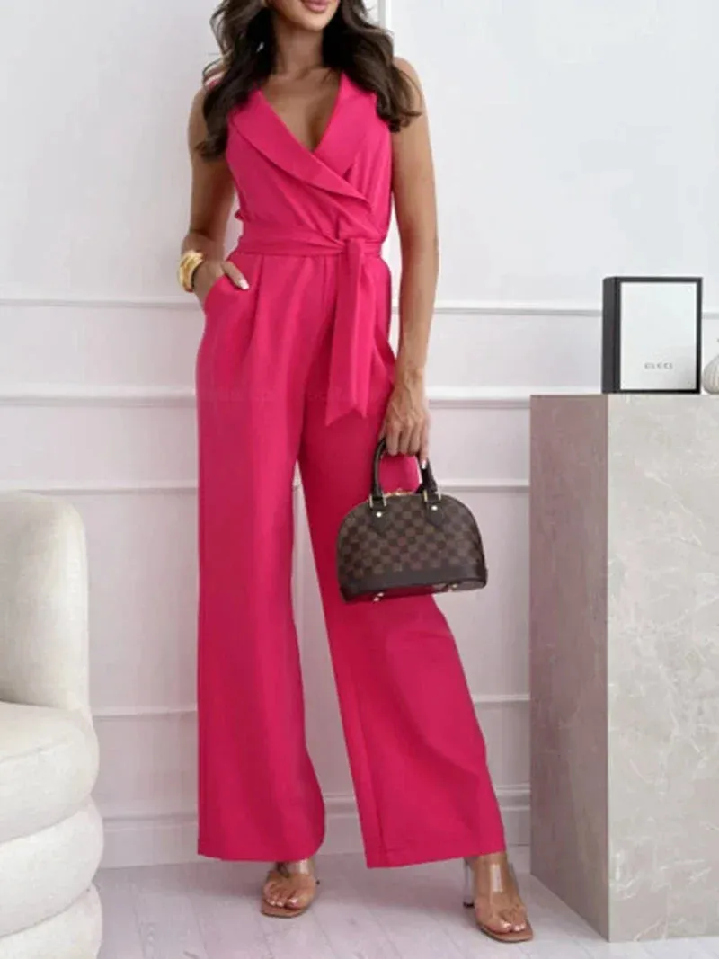 New Women's Fashion High Waist Commuter Jumpsuit V-neck Sleeveless Personalized Belt Solid Color Simple Pants