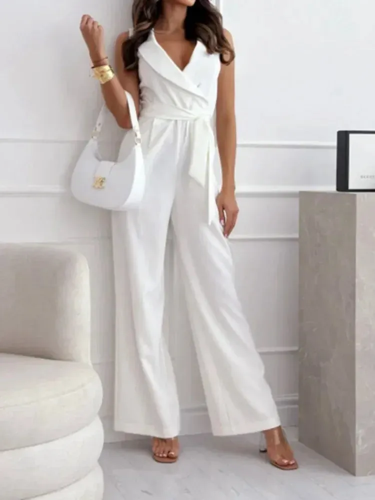 New Women's Fashion High Waist Commuter Jumpsuit V-neck Sleeveless Personalized Belt Solid Color Simple Pants