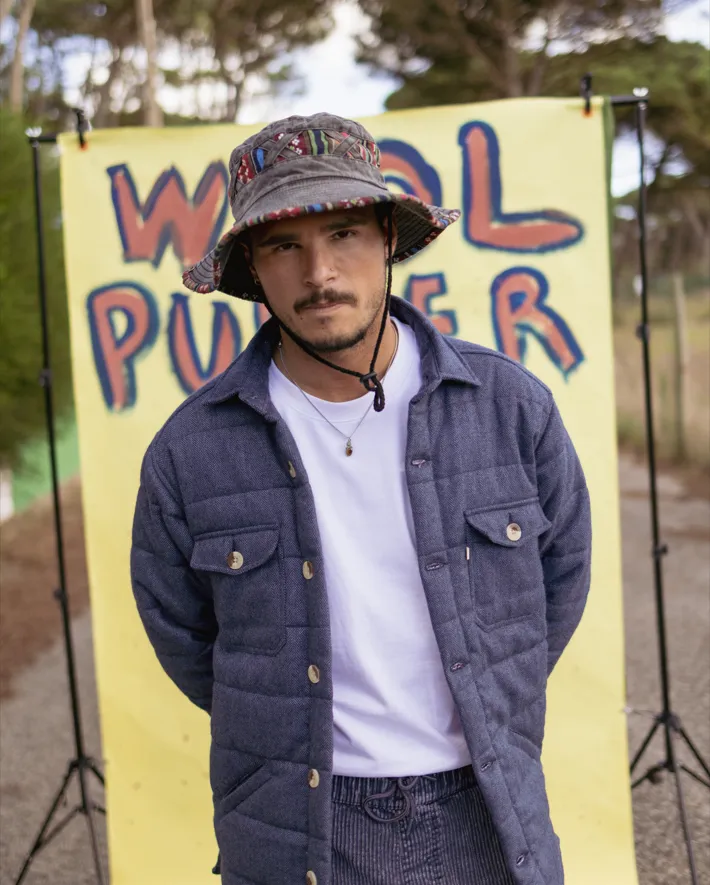 olu upcycled wool puffer jacket in blue