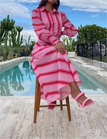 Pink Striped Shirt Long Dress