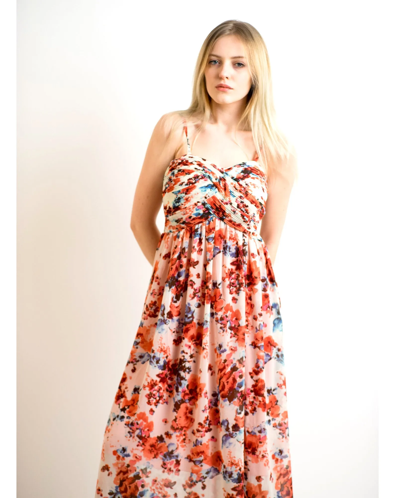 Printed Chiffon Maxi Dress KK6228 (RED BLUE FLORAL PRINT)