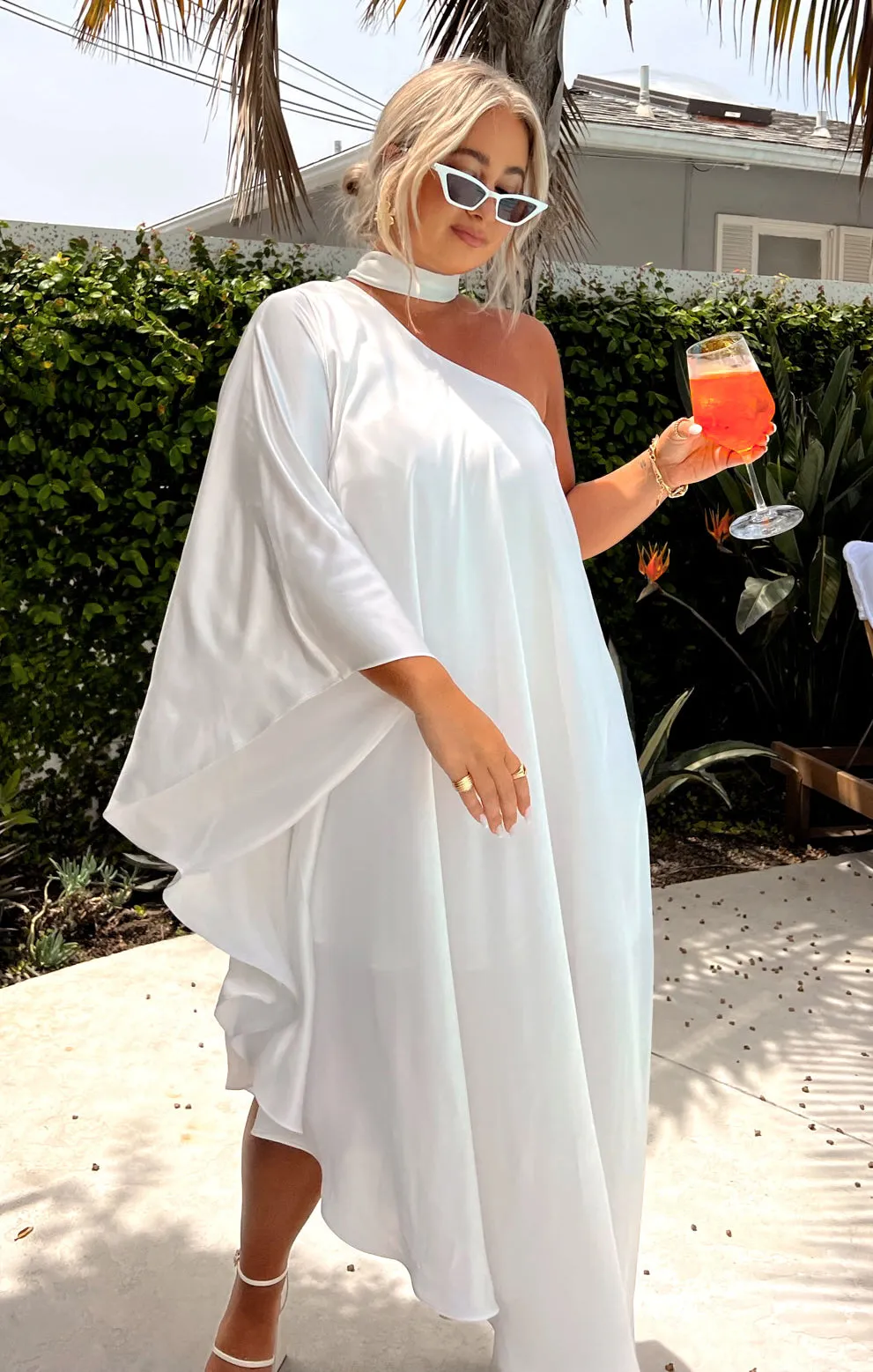 Rhea One Shoulder Dress ~ Ivory Luxe Satin