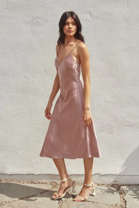 Satin Slip Midi Dress - Rose