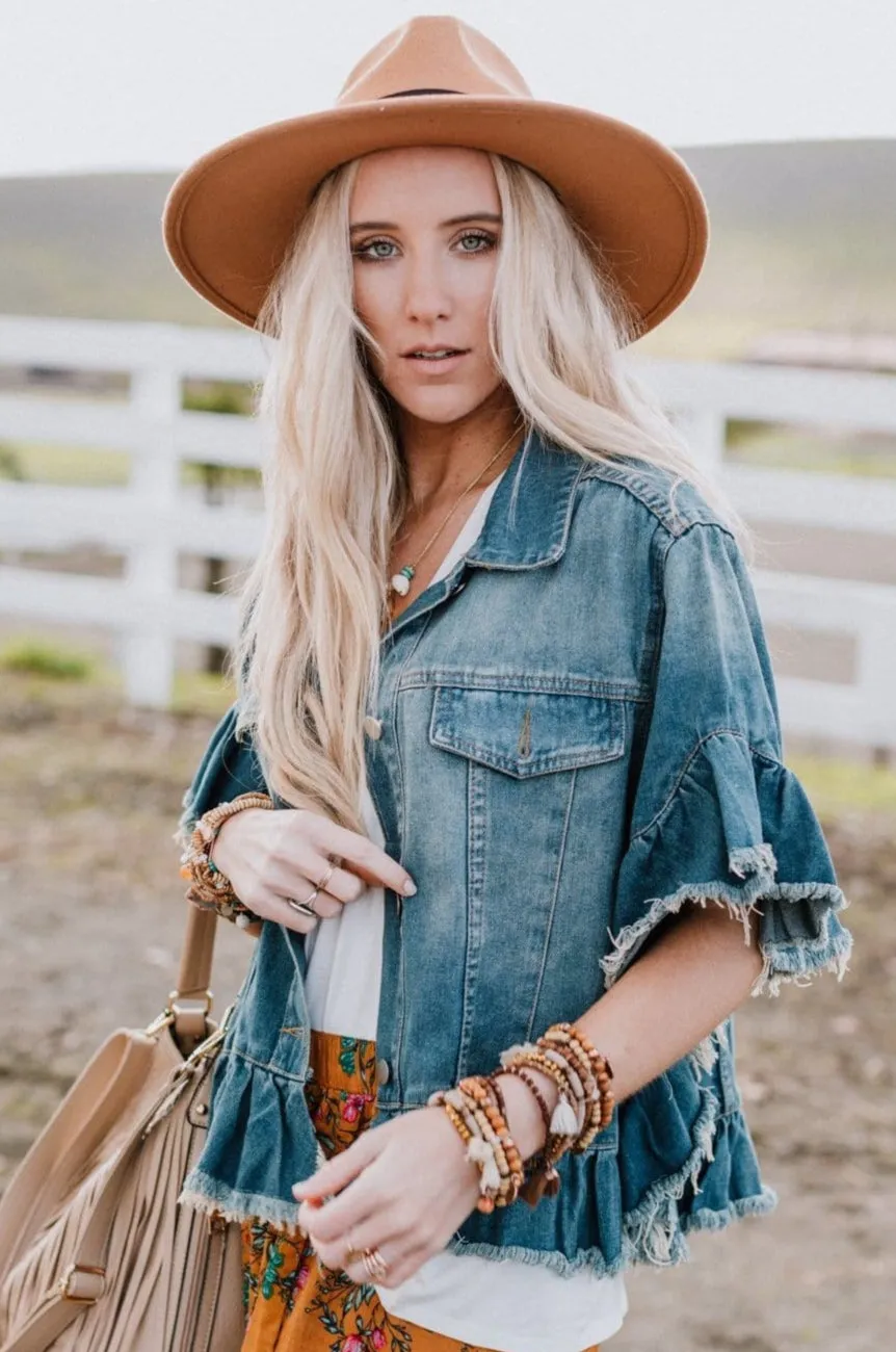 Scottie Ruffle Denim Jacket - Blue