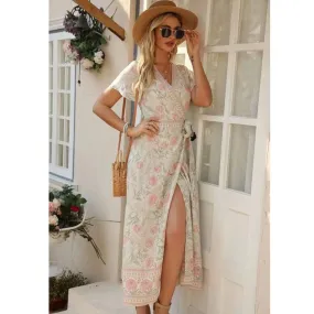SHORT SLEEVE V-NECK WRAP DRESSES