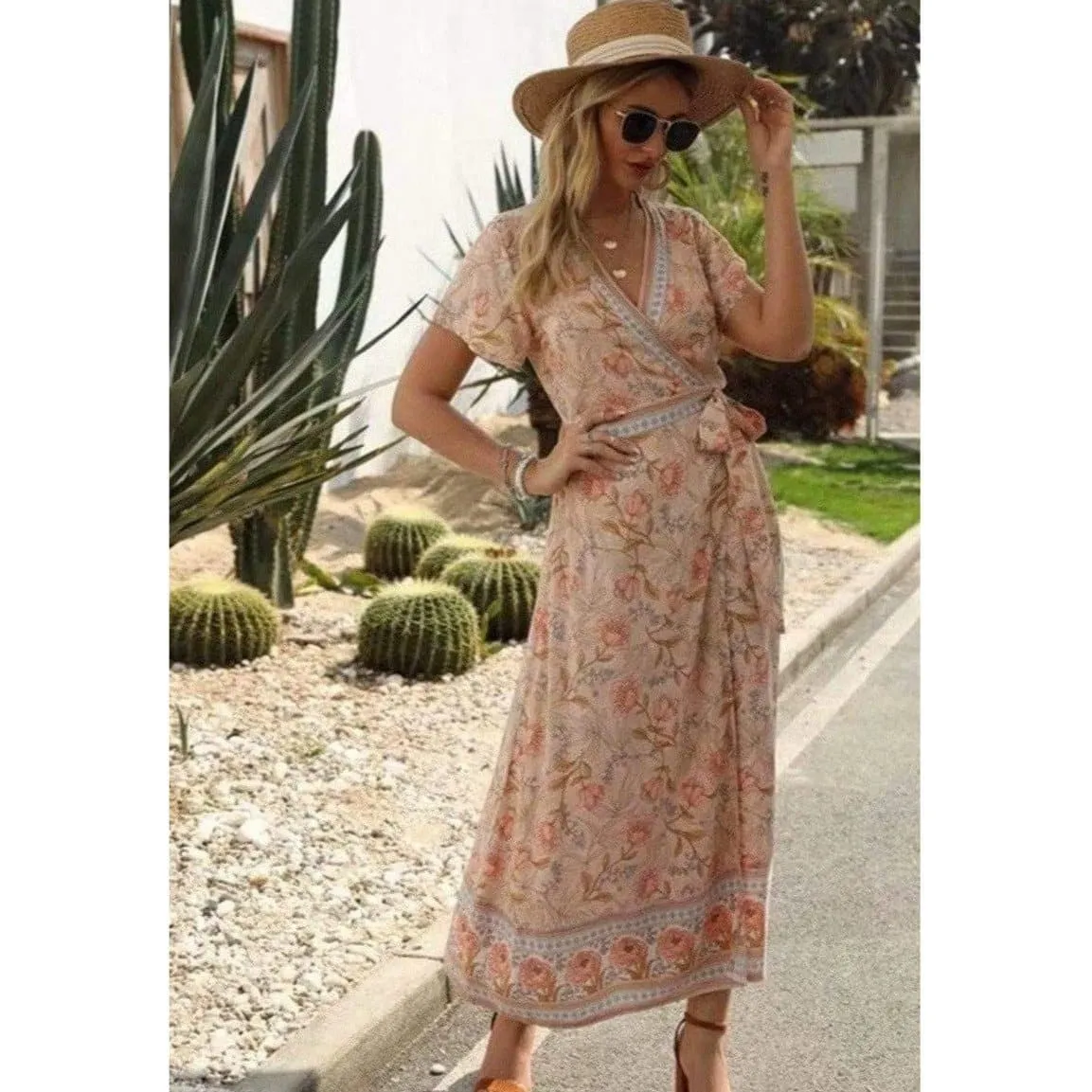SHORT SLEEVE V-NECK WRAP DRESSES