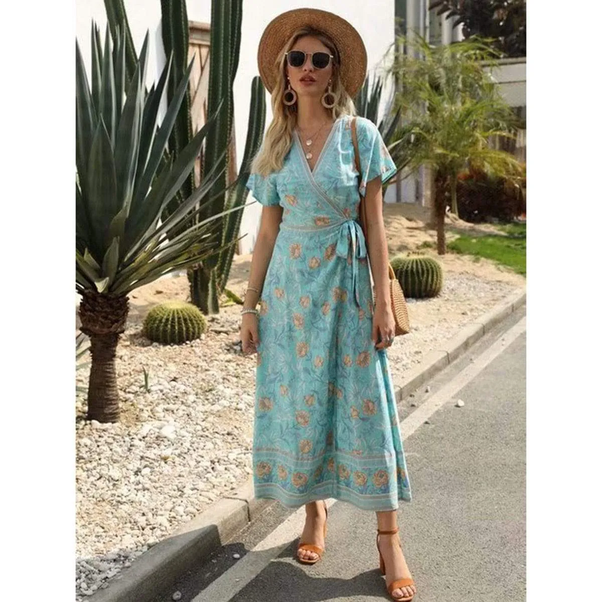SHORT SLEEVE V-NECK WRAP DRESSES