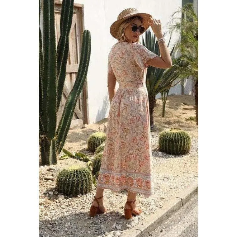 SHORT SLEEVE V-NECK WRAP DRESSES