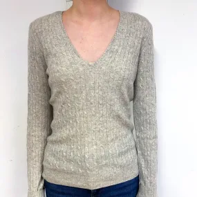 Smoke Grey Cable Cashmere V-Neck Jumper Extra Small