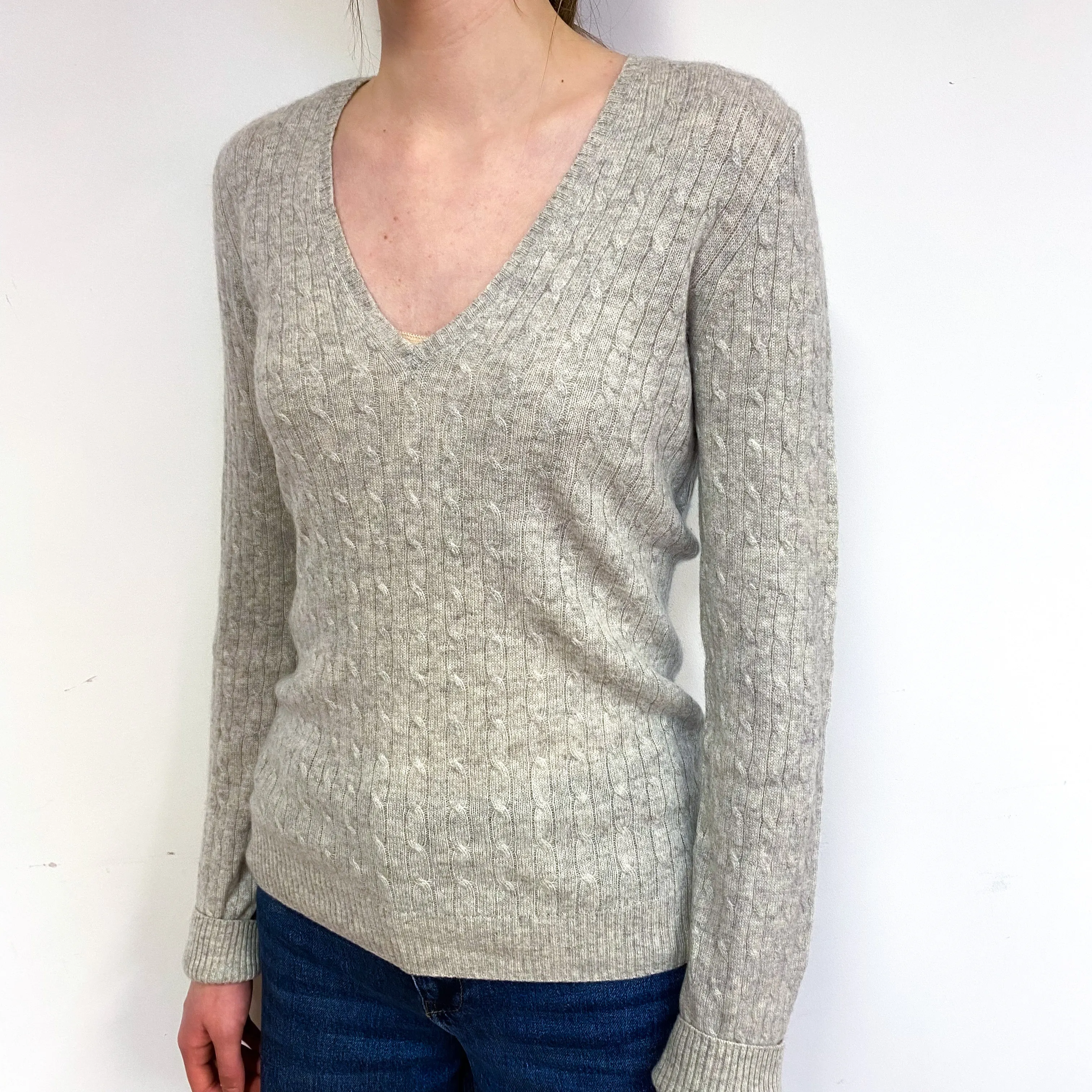 Smoke Grey Cable Cashmere V-Neck Jumper Extra Small