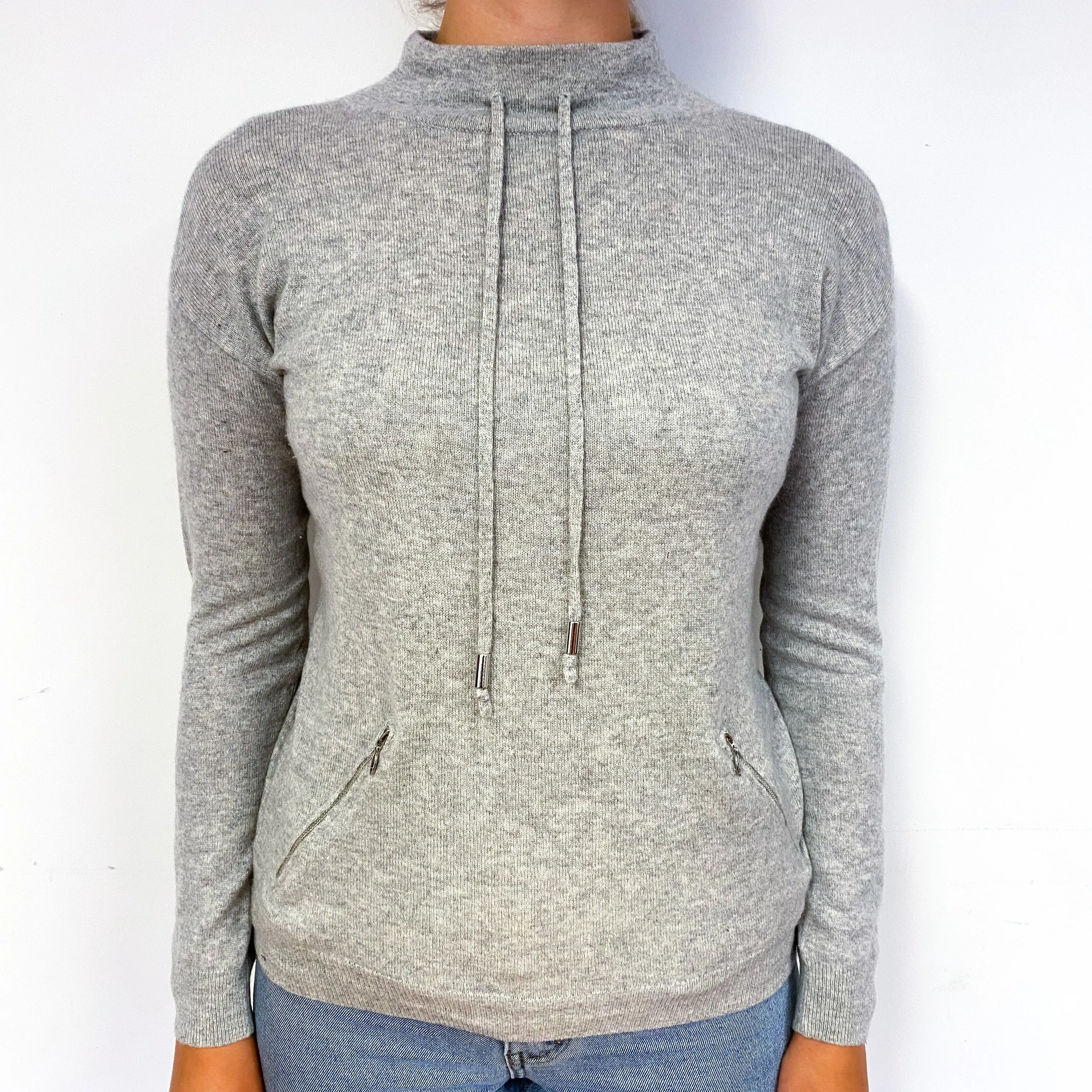 Smoke Grey Drawstring Neck Cashmere Polo Neck Jumper