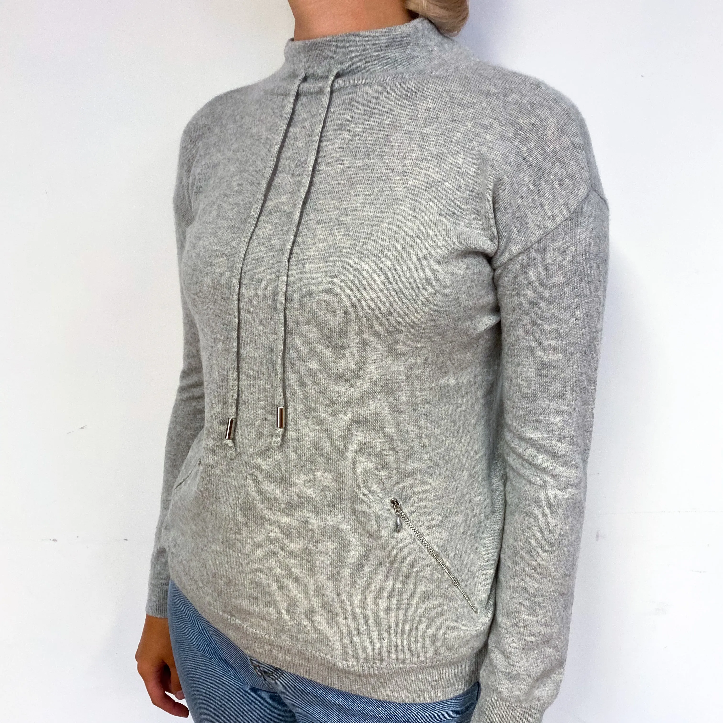 Smoke Grey Drawstring Neck Cashmere Polo Neck Jumper