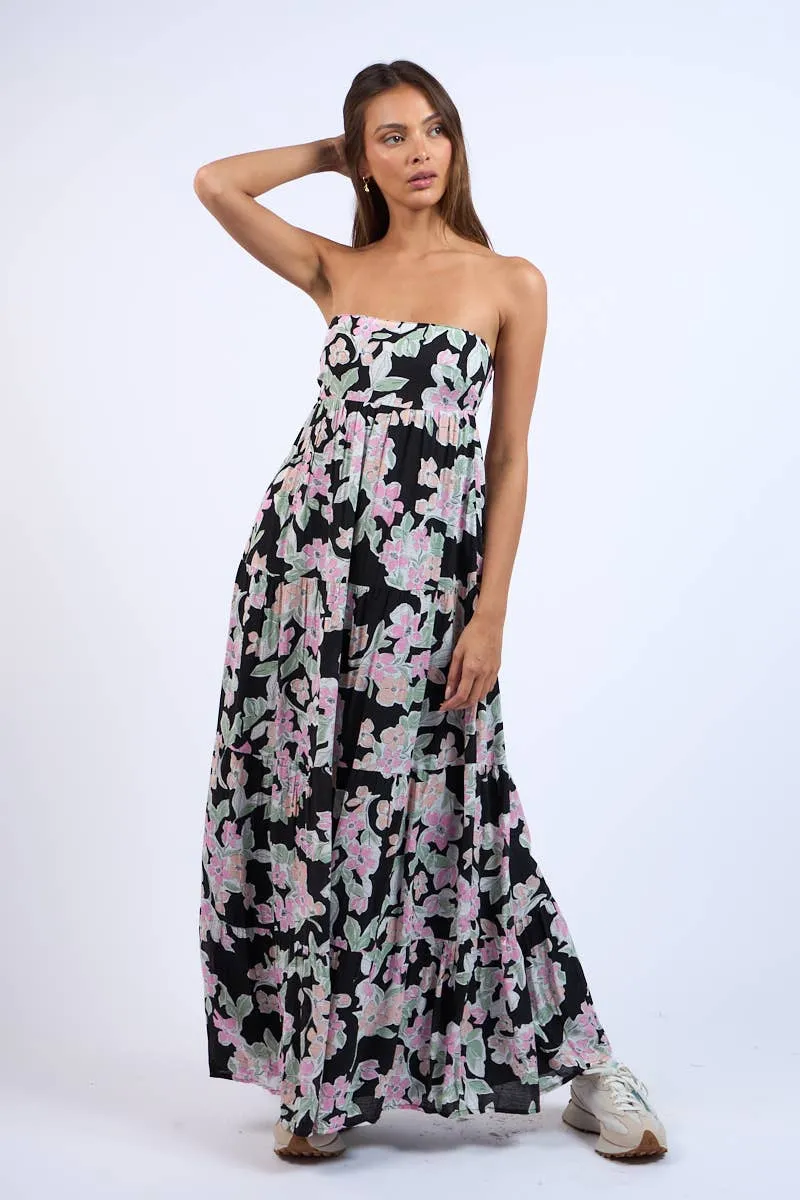 Strapless Floral Print Maxi Dress
