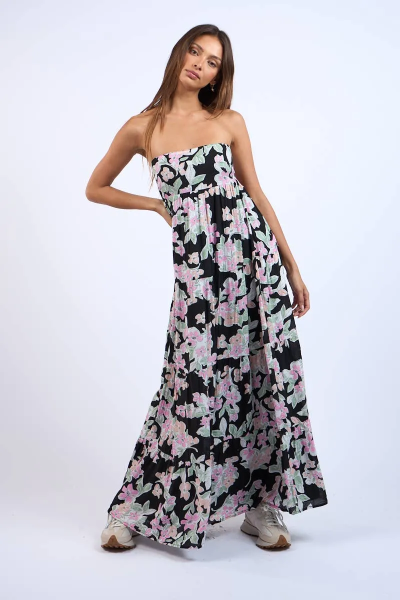 Strapless Floral Print Maxi Dress