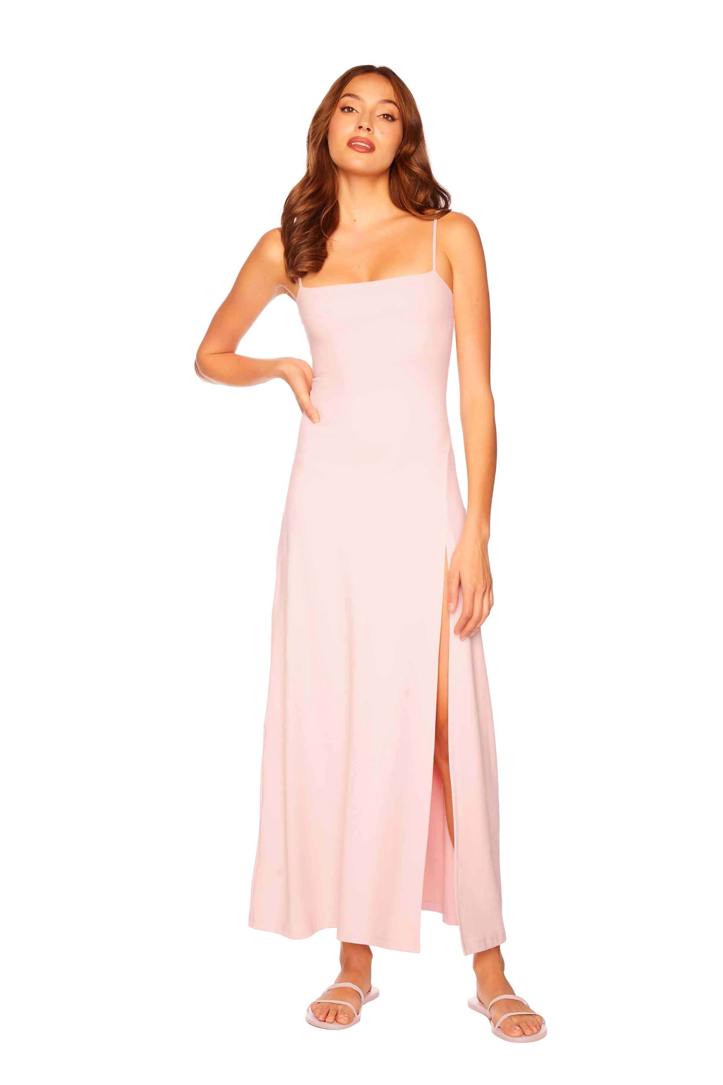 string flare slit maxi dress