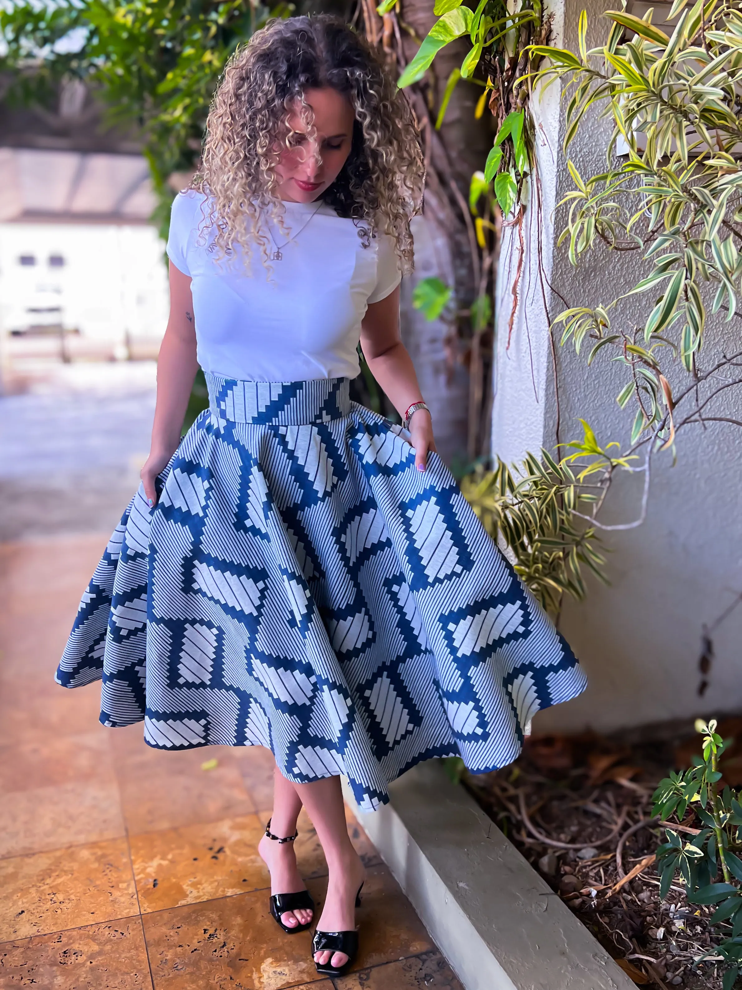 Stripe and Denim Midi Skirt by Battaglia