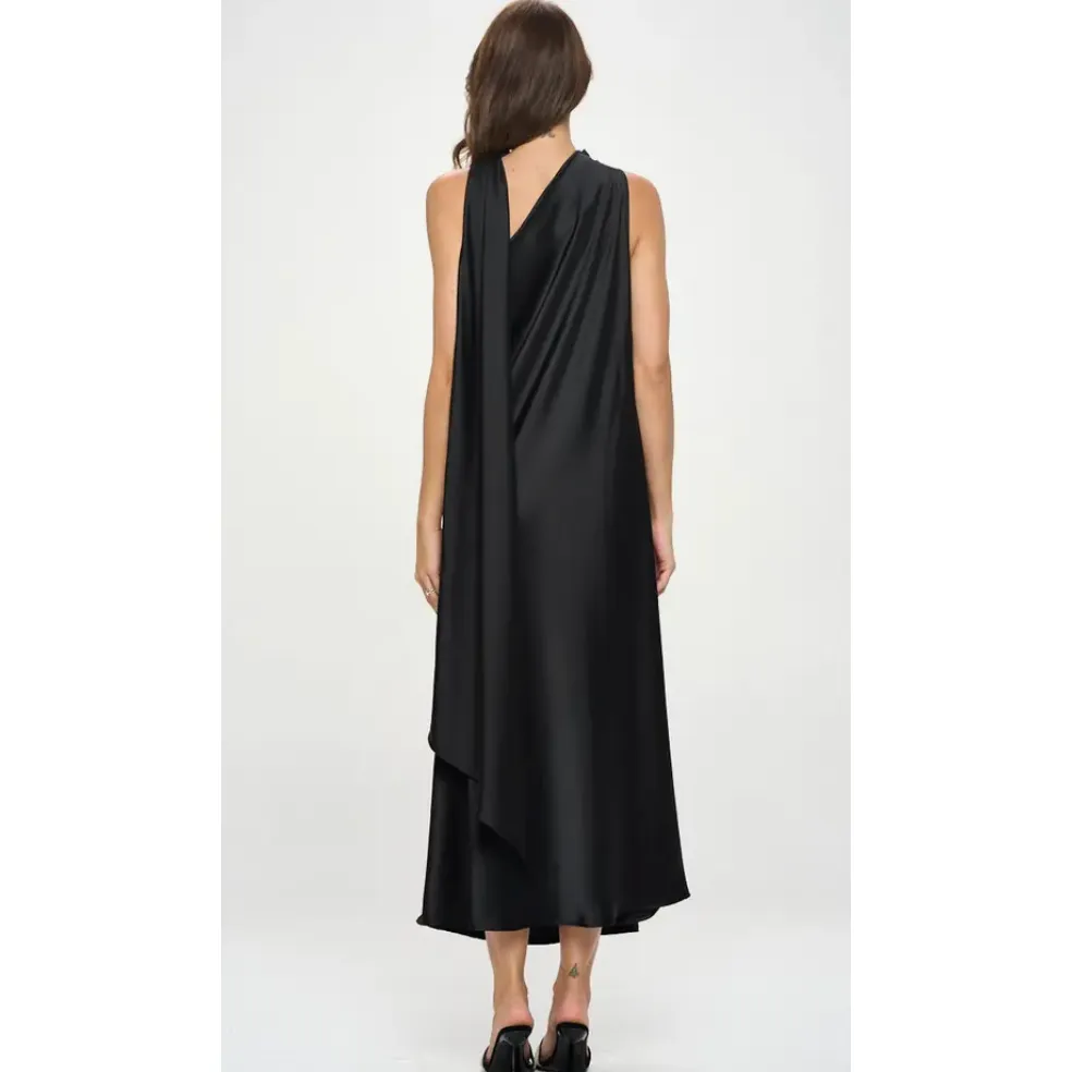 The Seema Black Satin One Shoulder Scarf Maxi Dress
