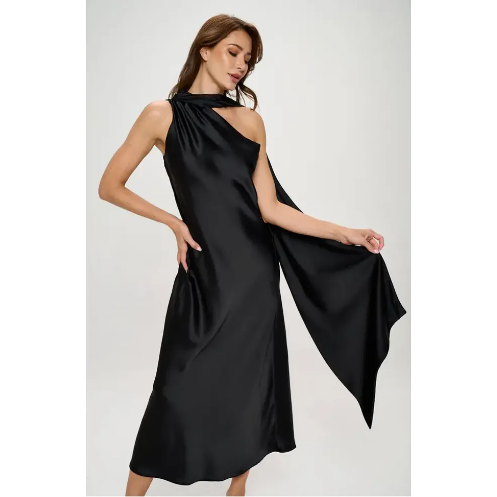 The Seema Black Satin One Shoulder Scarf Maxi Dress