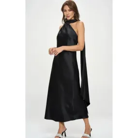 The Seema Black Satin One Shoulder Scarf Maxi Dress