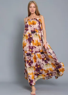 Tie Shoulder Tassel Trim Tiered Maxi Dress