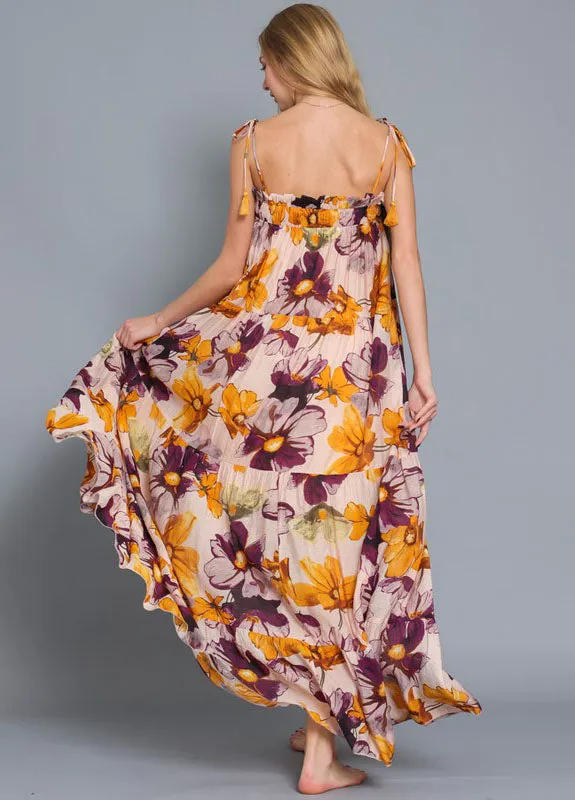 Tie Shoulder Tassel Trim Tiered Maxi Dress